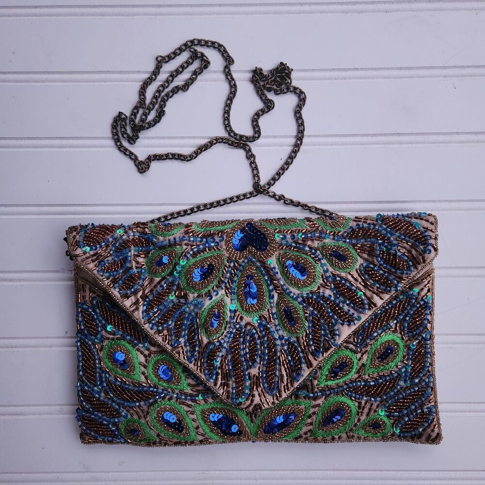 Clements Ribeiro Black Label Peacock Beaded Clutch Crossbody Purse NWT Chain